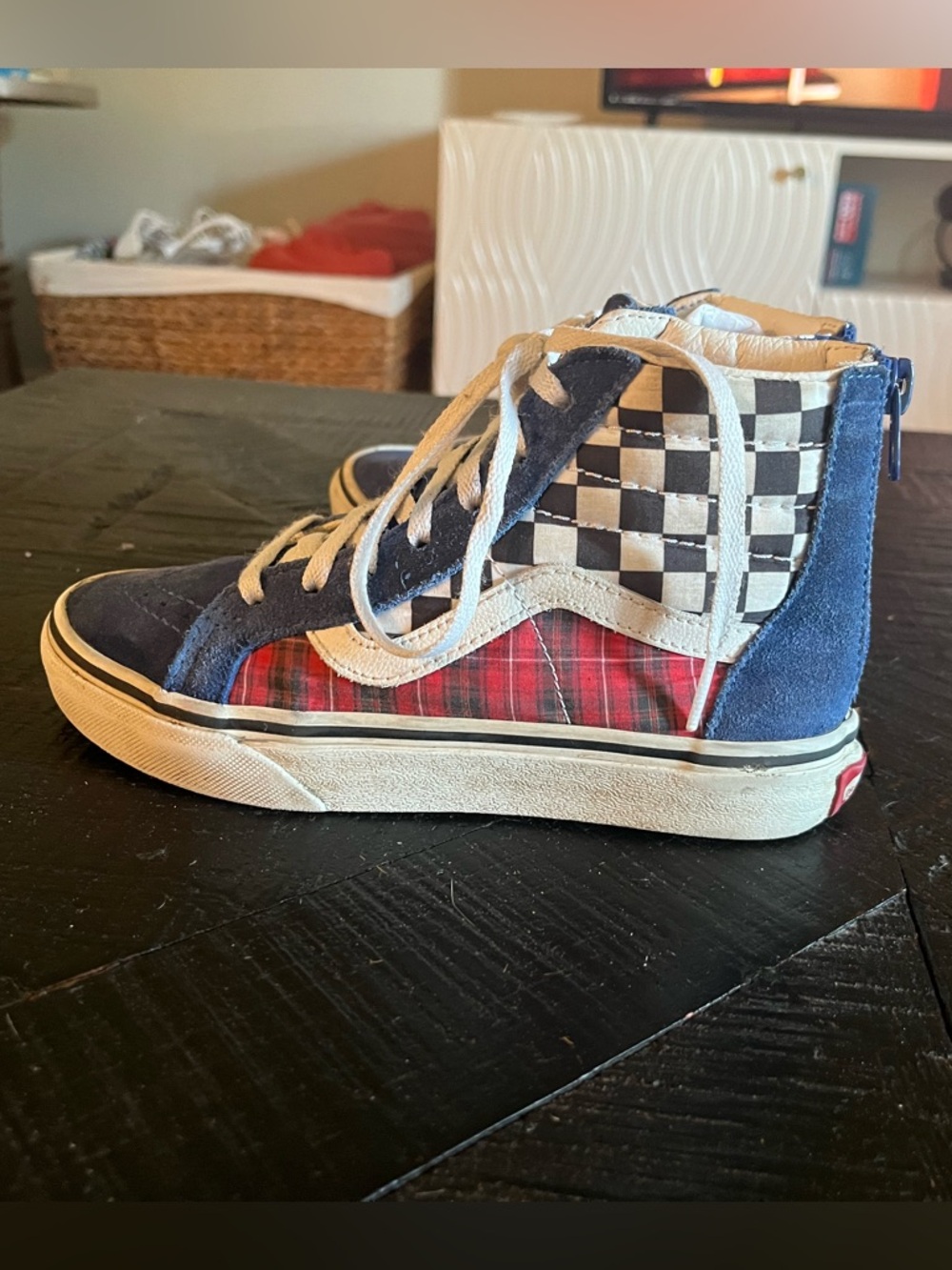 Vans Kids Sk8-Hi Zip sneakers, True Blue/Racing Red Plaid Checkerboard Size 2 - Picture 2 of 6